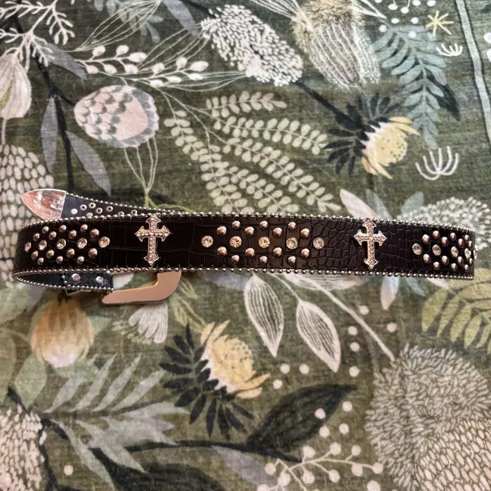 Y2K McBling Western Rhinestone and Cross Studded Black Crocodile Print Belt